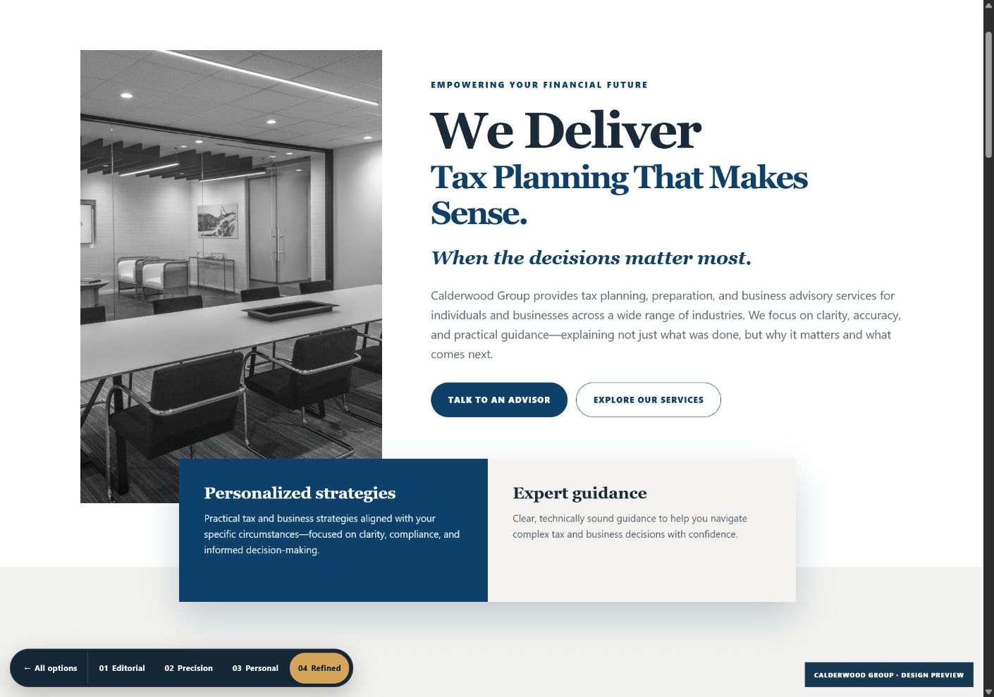Desktop preview of the Refined Original homepage